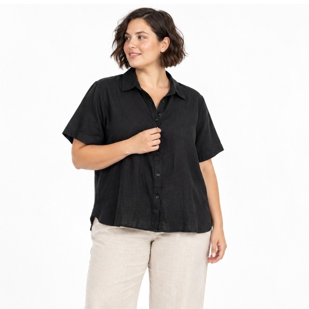 Linen Blend Womens 14W Black Button Front Shirt Short Sleeve Relaxed Boxy Fit